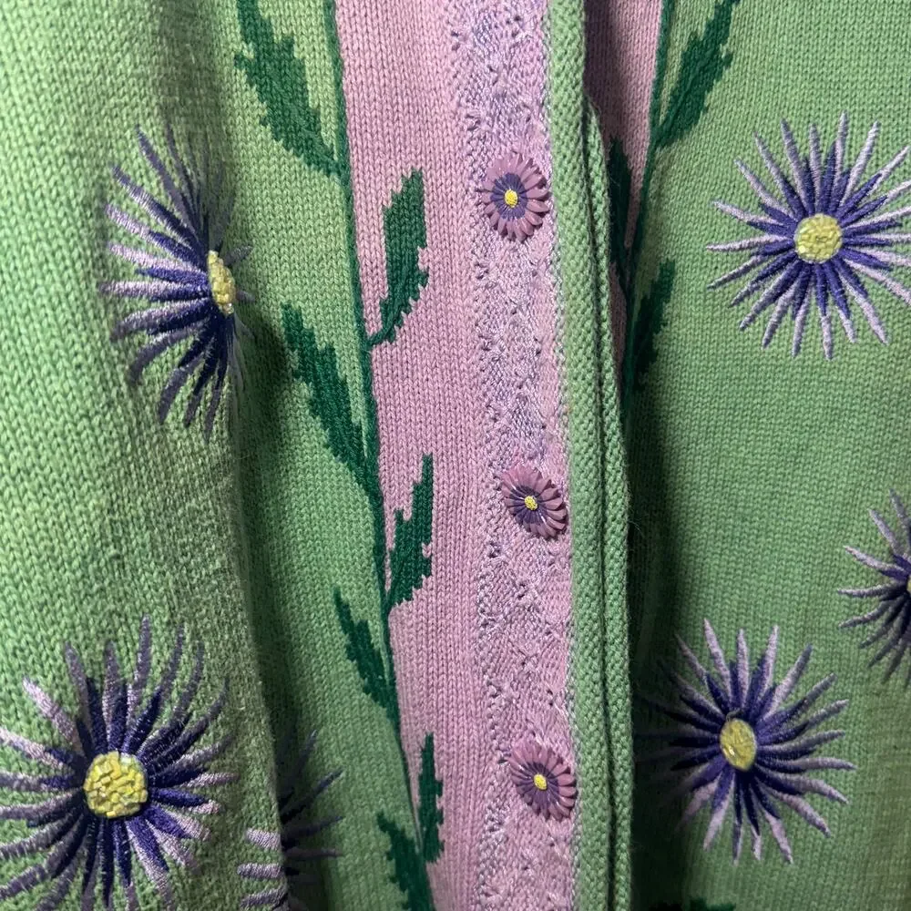Vtg Storybook Knits Pastel Flower Cardigan Purple Green Cottagecore Large 90s - Picture 3 of 7